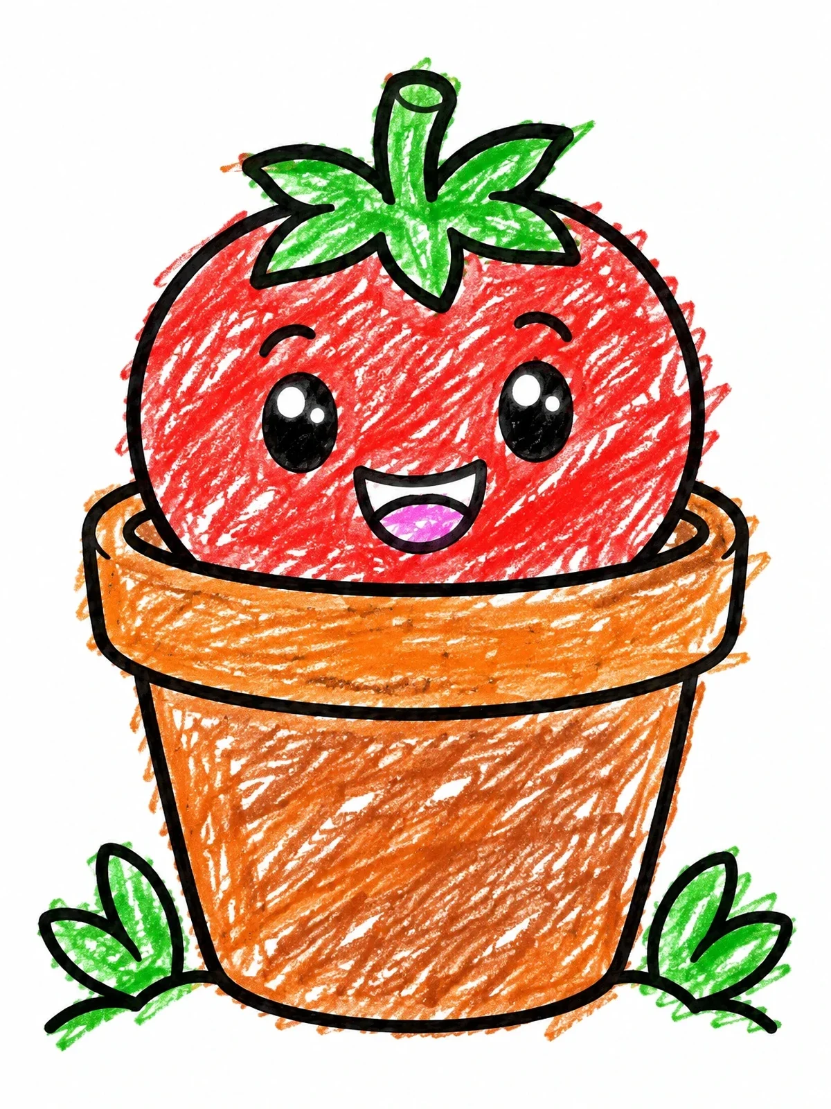 Colored example of the Happy Tomato In Flowerpot coloring page
