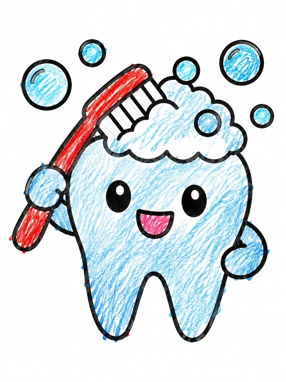 Colored example of the Happy Tooth Brushing With Bubbles coloring page