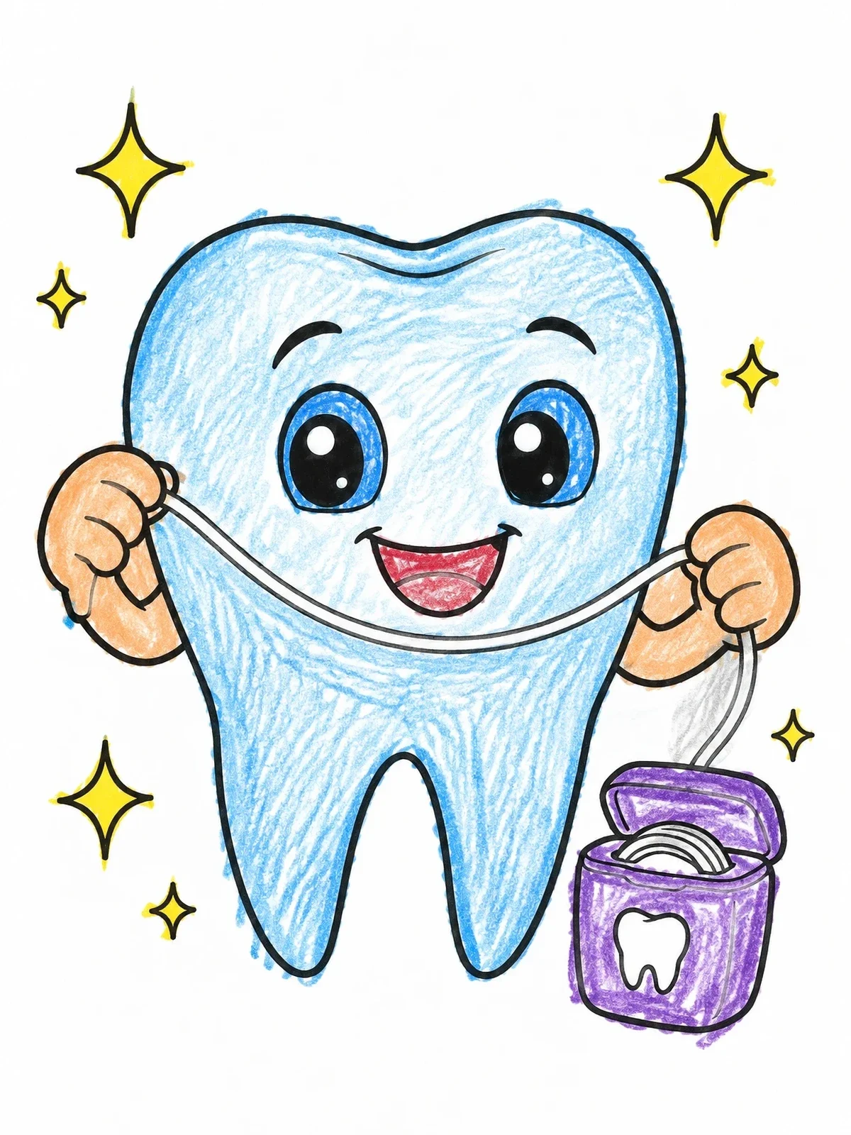 Colored example of the Happy Tooth With Dental Floss coloring page