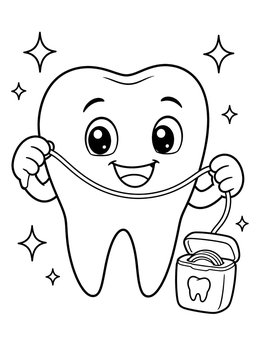 A cheerful cartoon character in this tooth coloring page holding floss with sparkles.