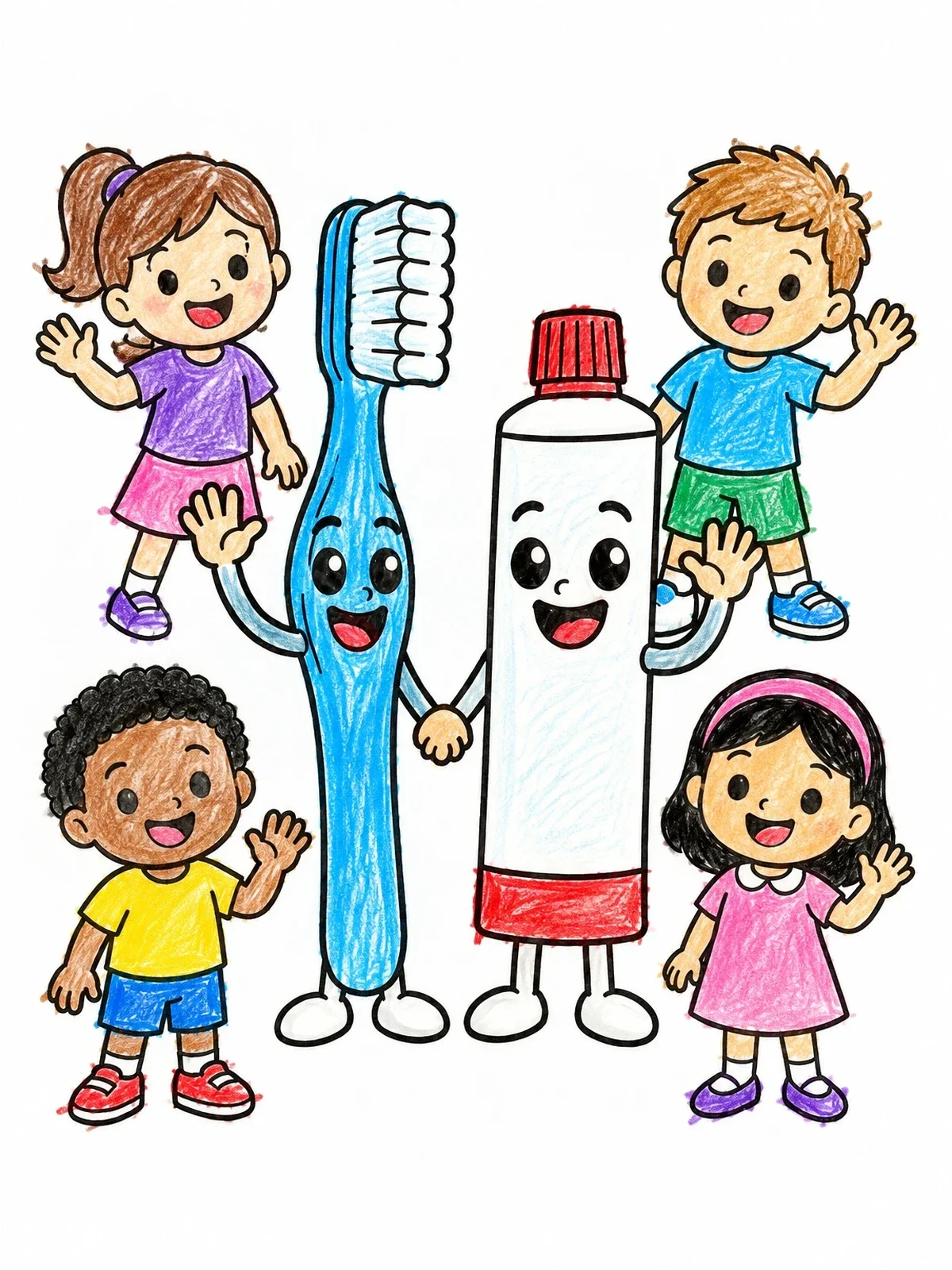 Colored example of the Happy Toothbrush And Toothpaste With Children coloring page