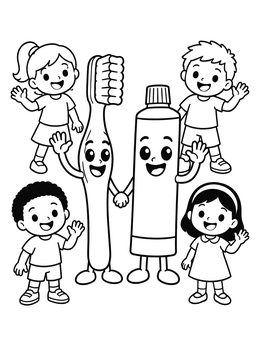 Free printable Happy Toothbrush And Toothpaste With Children coloring page