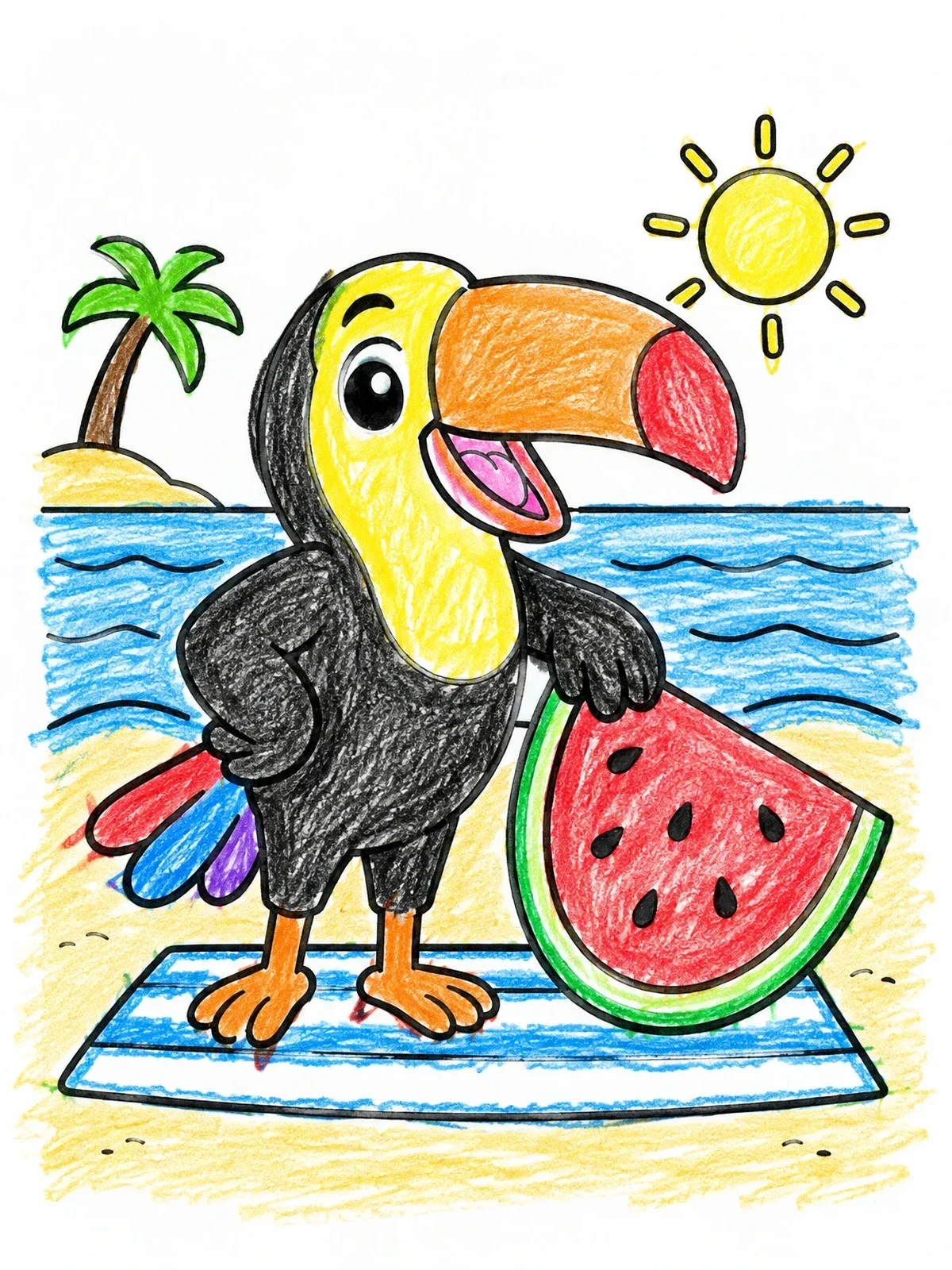 Colored example of the Happy Toucan On Beach Towel coloring page