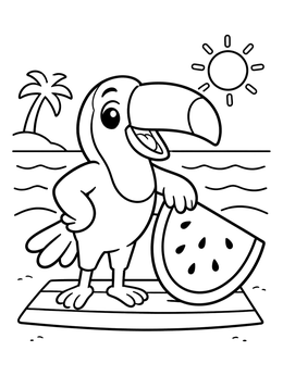 A cheerful toucan coloring page featuring a big watermelon slice under a shining sun.