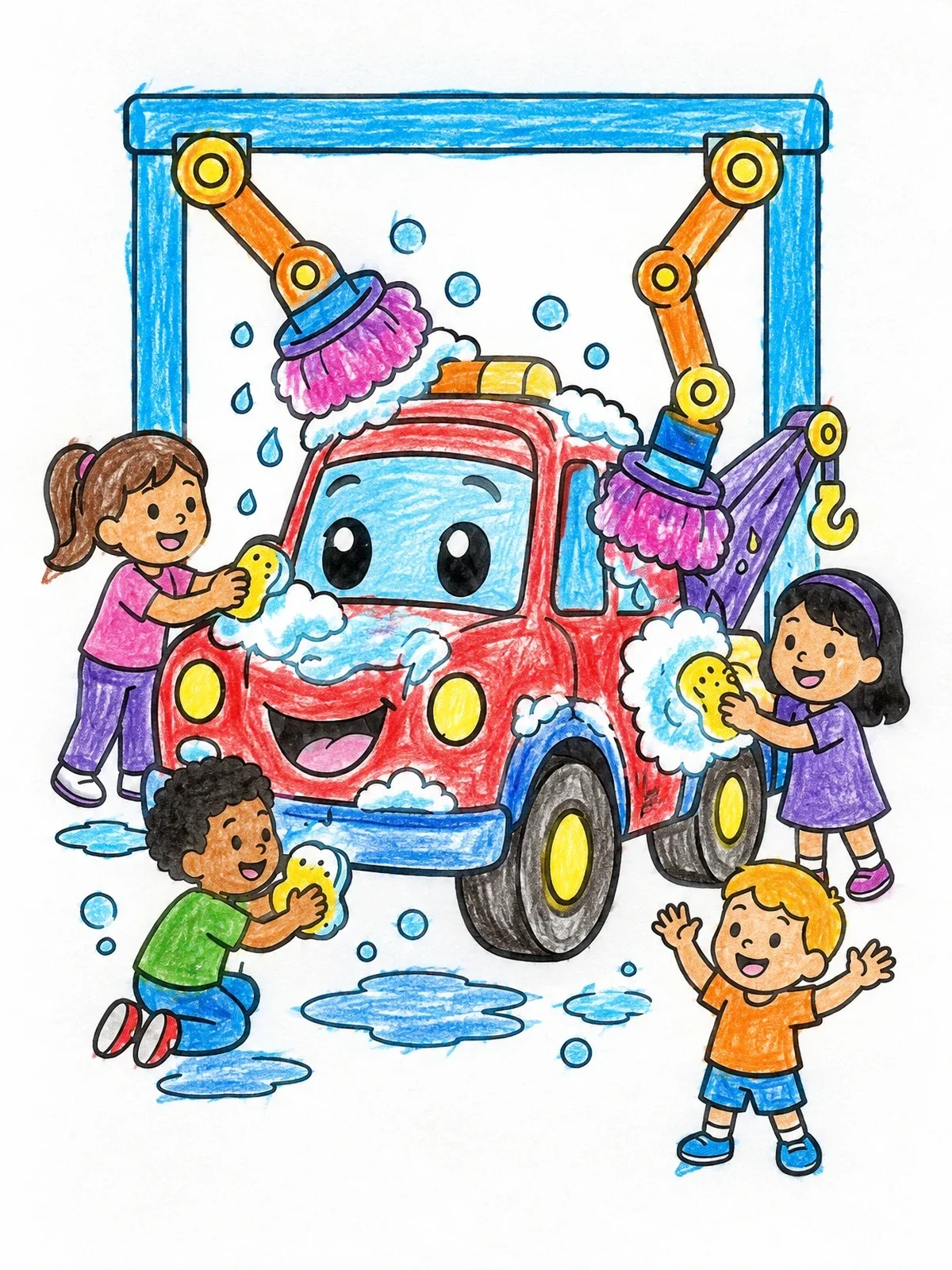 Colored example of the Happy Tow Truck At The Car Wash coloring page
