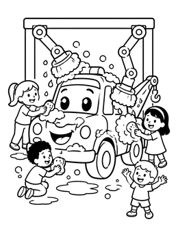 Free printable Happy Tow Truck At The Car Wash coloring page