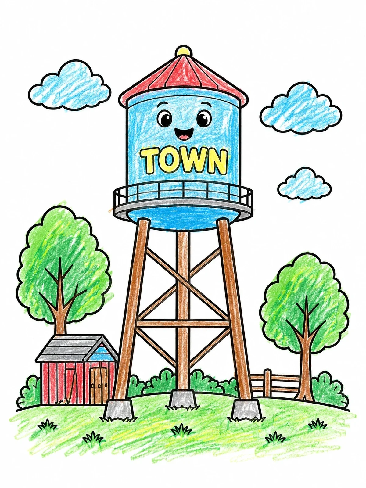 Colored example of the Happy Cartoon Town Water Tower coloring page