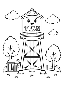 Free printable Happy Cartoon Town Water Tower coloring page