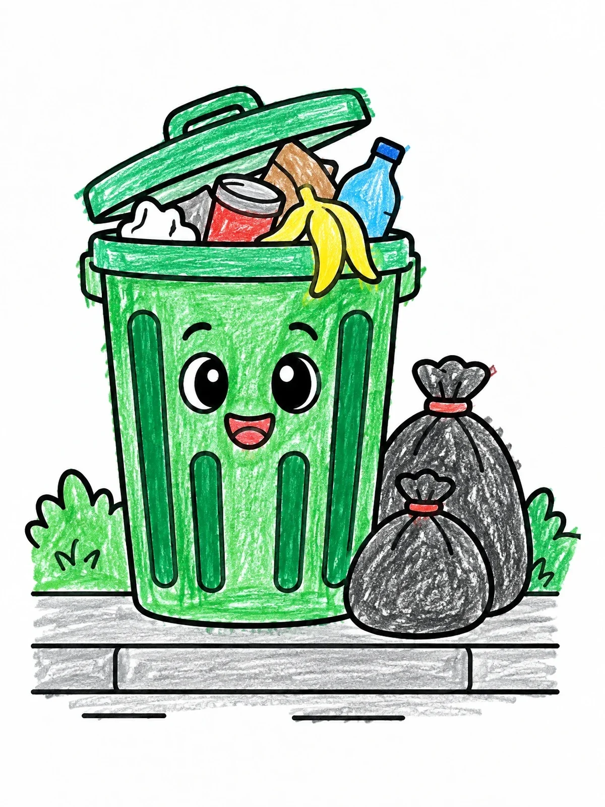 Colored example of the Happy Trash Can With Garbage Bags coloring page