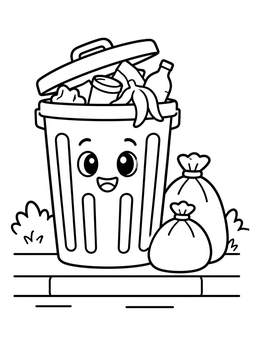Free printable Happy Trash Can With Garbage Bags coloring page