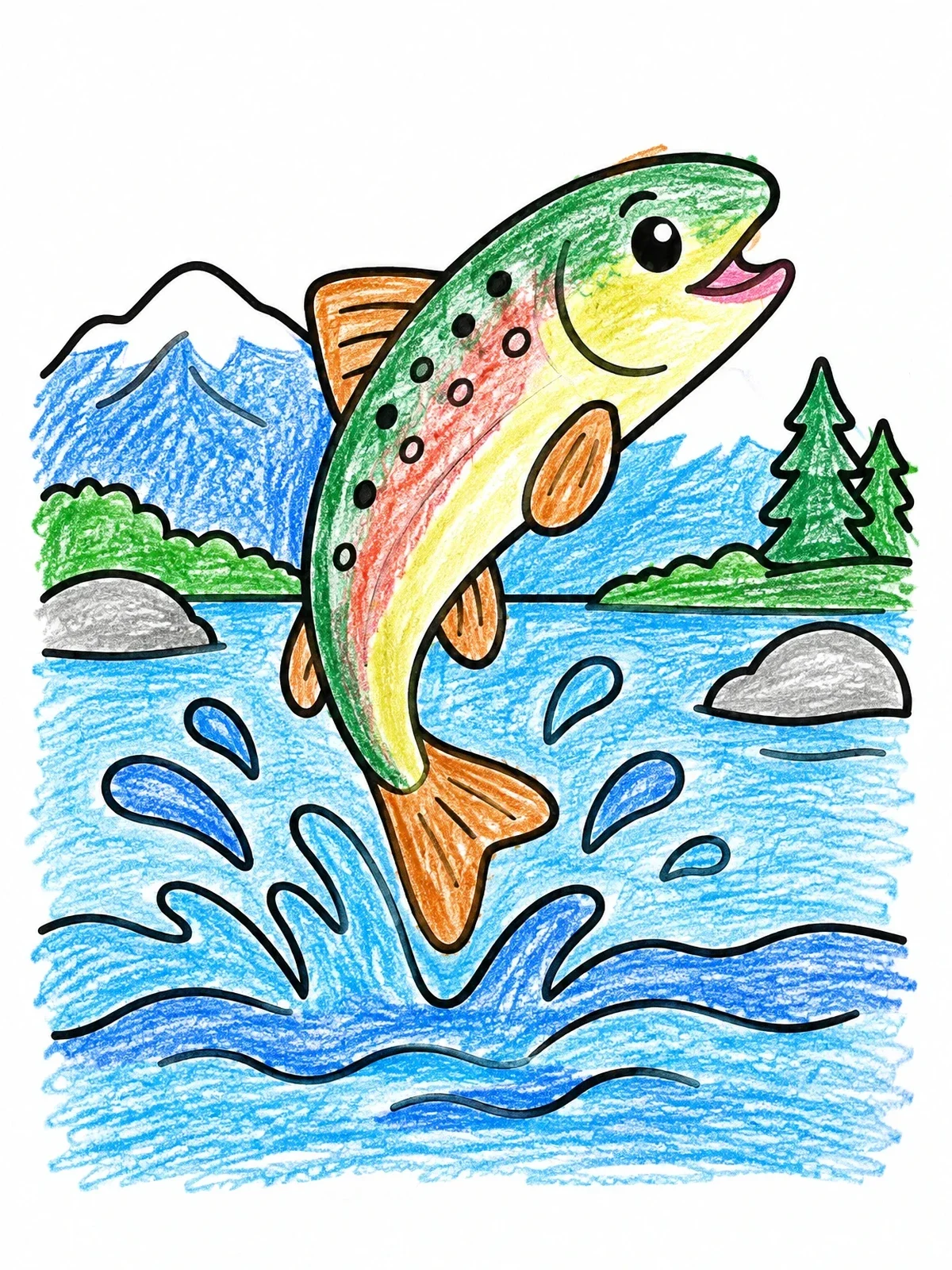 Colored example of the Happy Trout Leaping From River coloring page