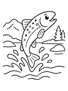 Free printable Happy Trout Leaping From River coloring page