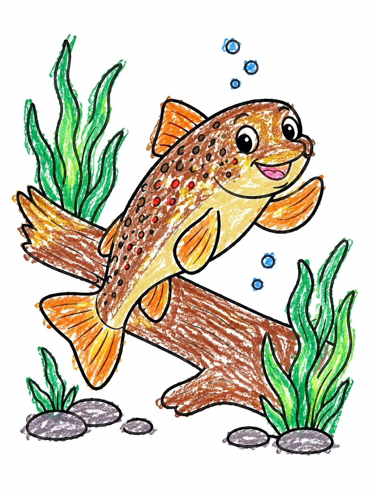 Colored example of the Happy Trout Swimming Near Driftwood coloring page