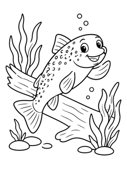 A cheerful cartoon fish smiles underwater in this trout coloring page.