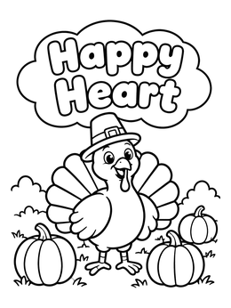 A cheerful turkey wearing a hat in a pumpkin patch makes a happy coloring page.