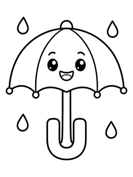A cheerful umbrella coloring page with raindrops and a letter U shaped handle.