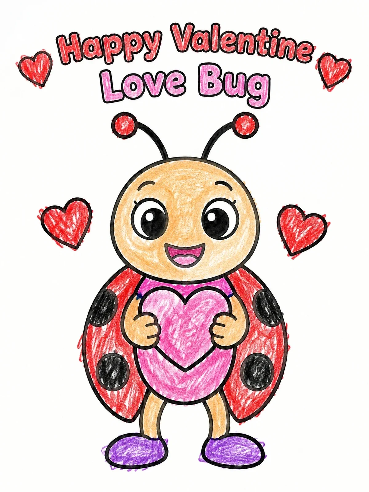 Colored example of the Happy Valentine Love Bug With Hearts coloring page