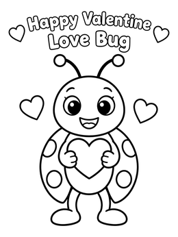 A happy valentine love bug coloring page featuring a cute ladybug holding a heart surrounded by floating hearts.