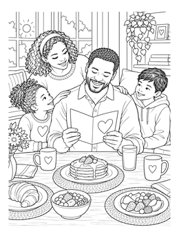 A family surprises their father at breakfast in this happy valentines day dad coloring page.