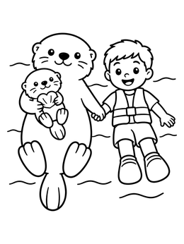 Free printable Sea Otters Floating With A Child coloring page