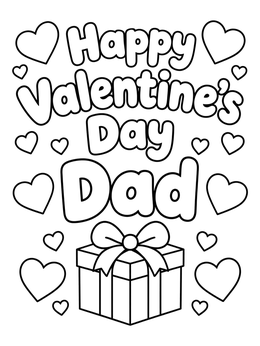 This happy valentines day dad coloring page features bold bubble letters, floating hearts, and a wrapped gift.