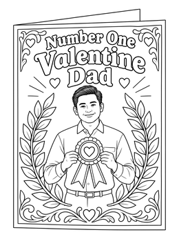 A happy valentines day dad coloring page showing a proud father holding an award ribbon inside a decorative wreath.