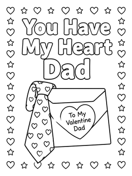 A happy valentines day dad coloring page with a patterned necktie, card envelope, and sweet message.