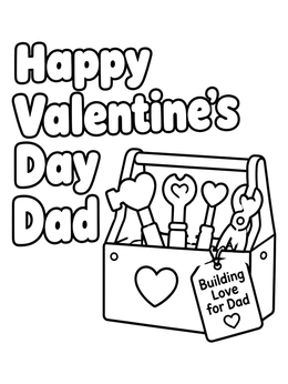 A cute happy valentines day dad coloring page with heart tools inside a toolbox.