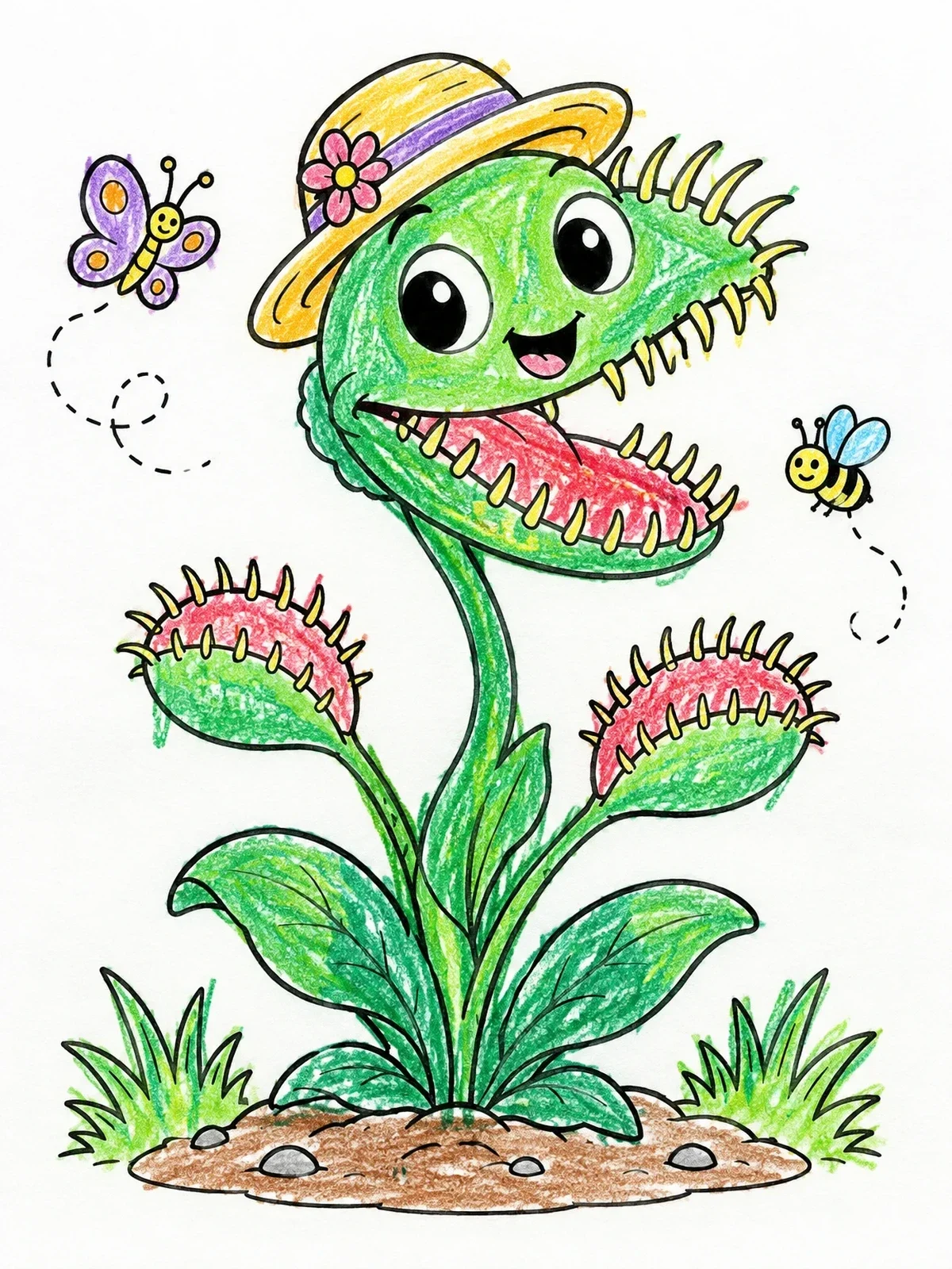 Colored example of the Happy Venus Flytrap With Sunhat coloring page
