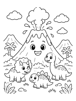 Free printable Happy Volcano And Baby Dinosaurs coloring page