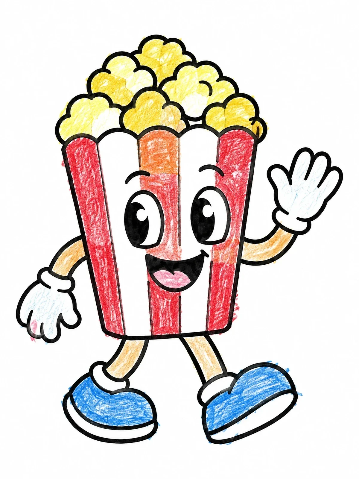 Colored example of the Happy Walking Popcorn Box Mascot coloring page