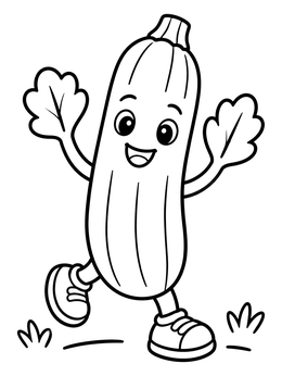 Free printable Happy Walking Zucchini Character coloring page