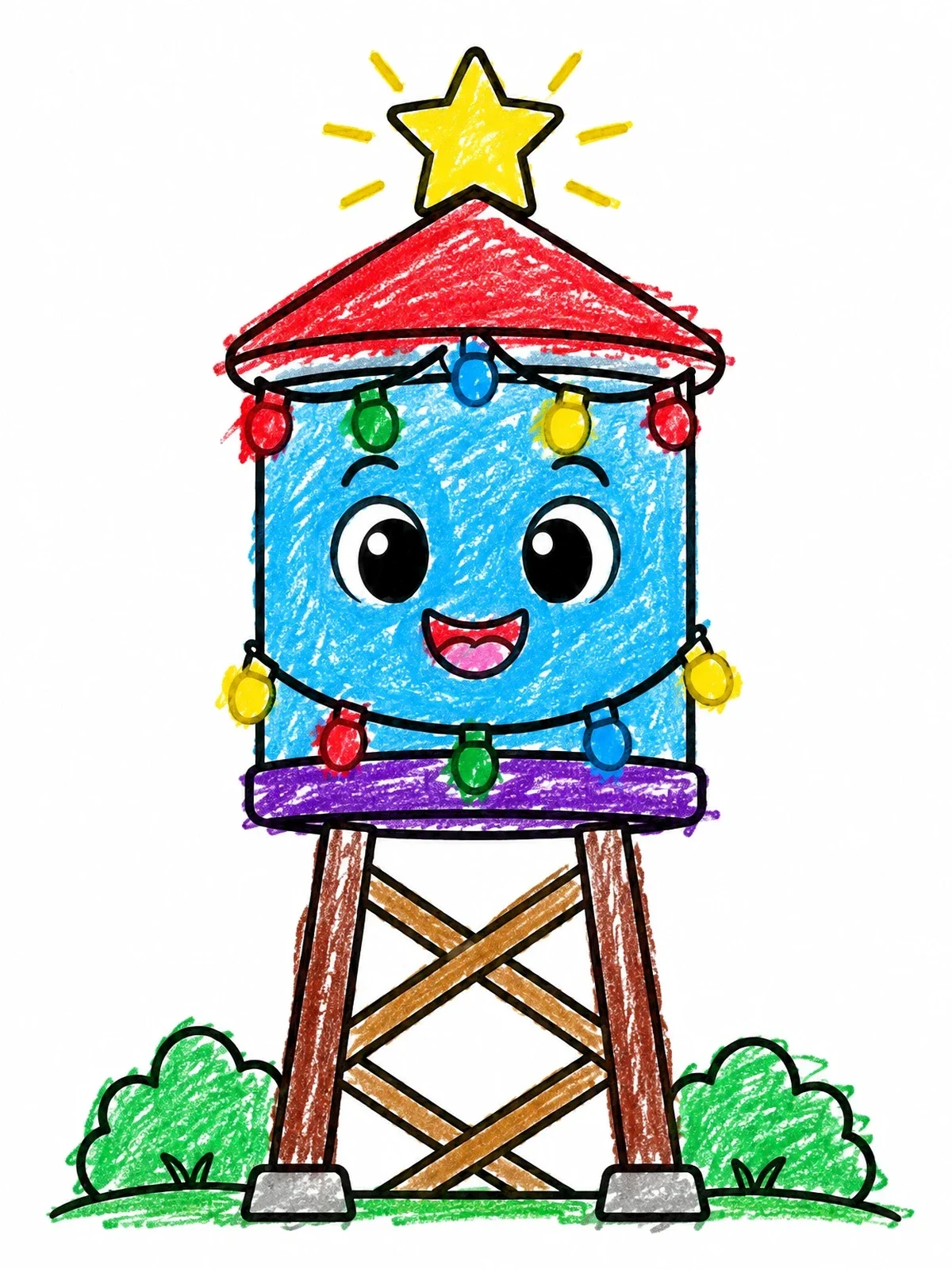 Colored example of the Happy Water Tower With Holiday Lights coloring page