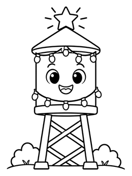 Free printable Happy Water Tower With Holiday Lights coloring page