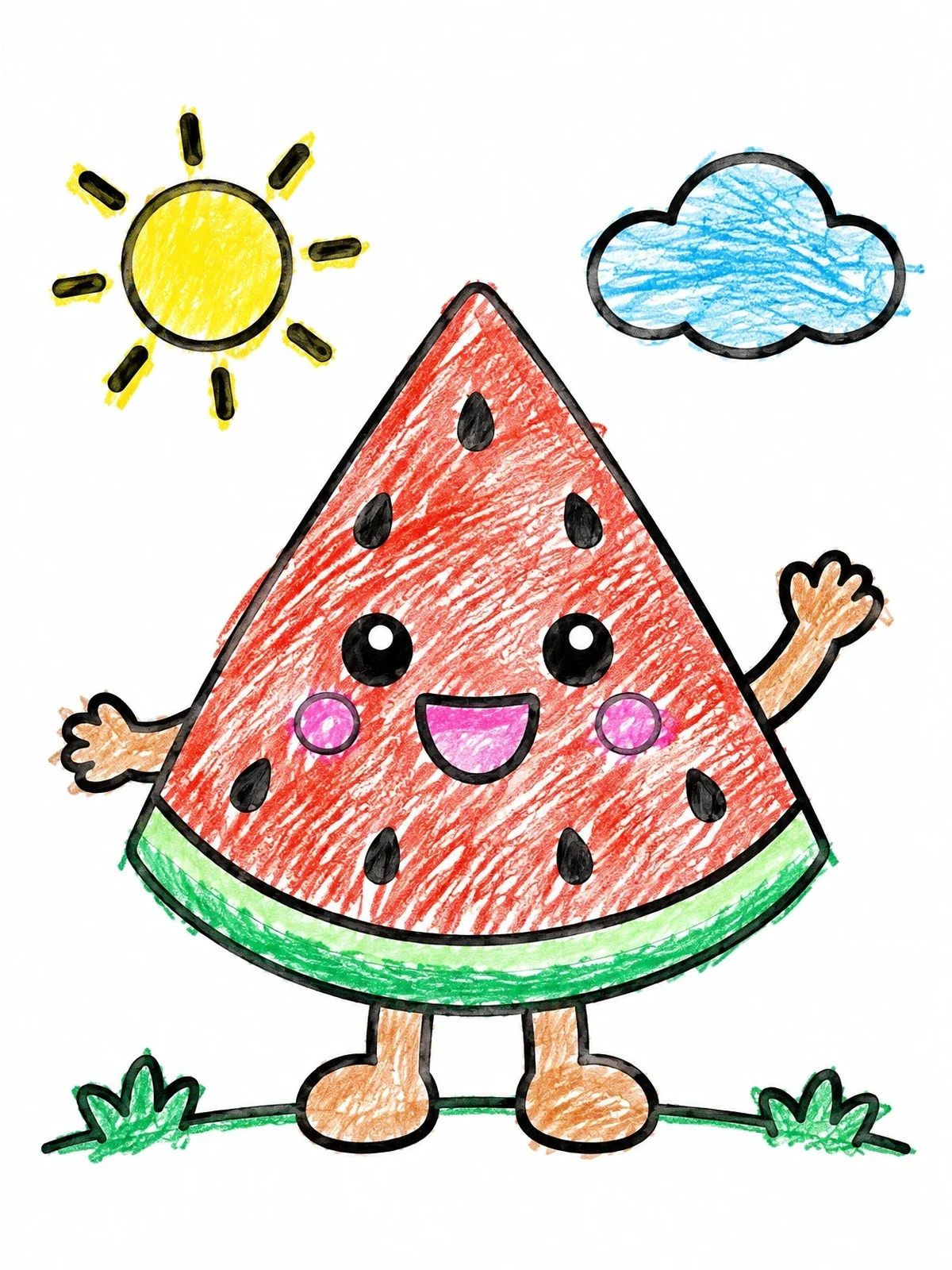 Colored example of the Happy Watermelon Slice With Sunshine coloring page