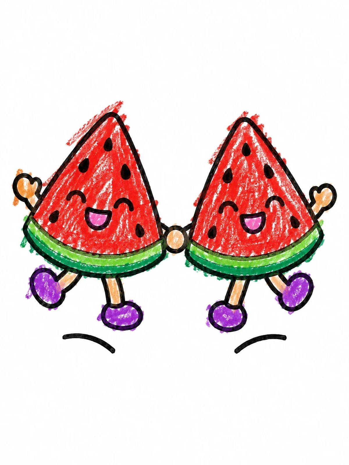 Colored example of the Happy Watermelon Slices Skipping Together coloring page