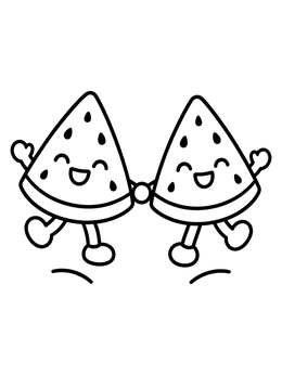 Free printable Happy Watermelon Slices Skipping Together coloring page