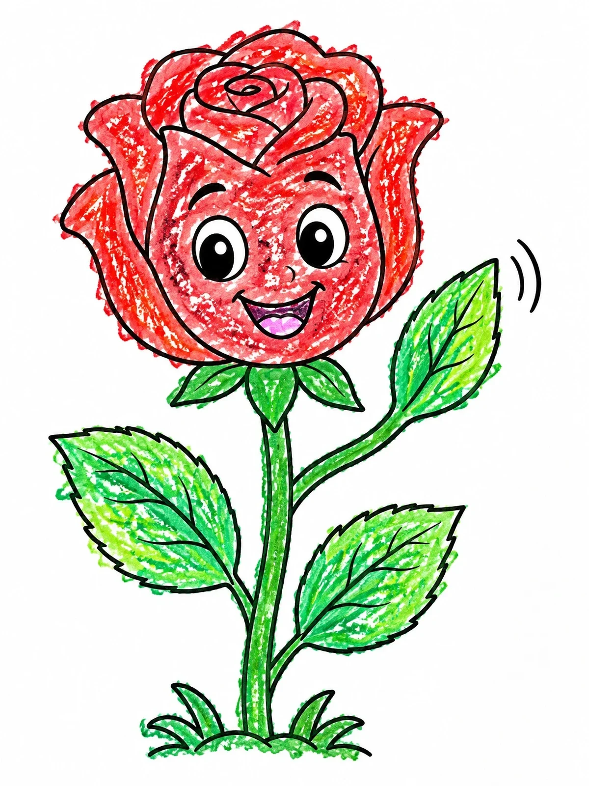 Colored example of the Happy Waving Cartoon Rose coloring page