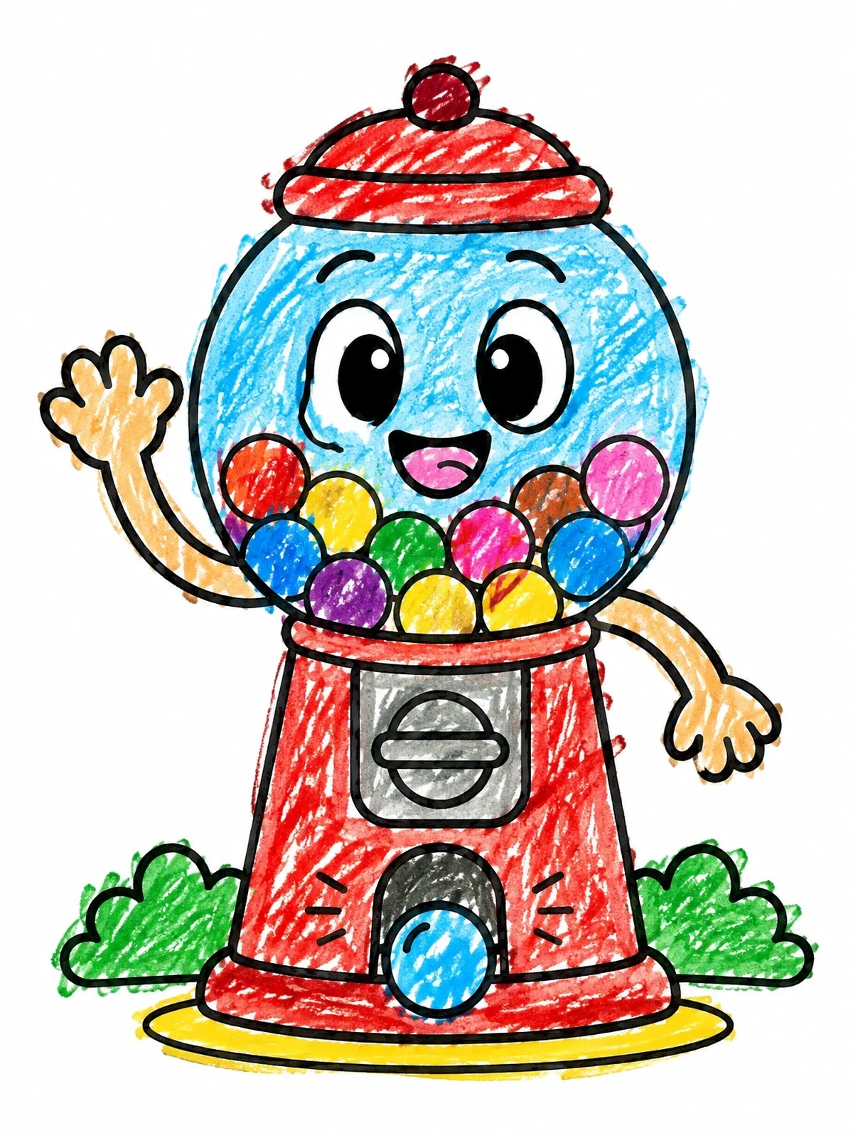 Colored example of the Happy Waving Gumball Machine coloring page