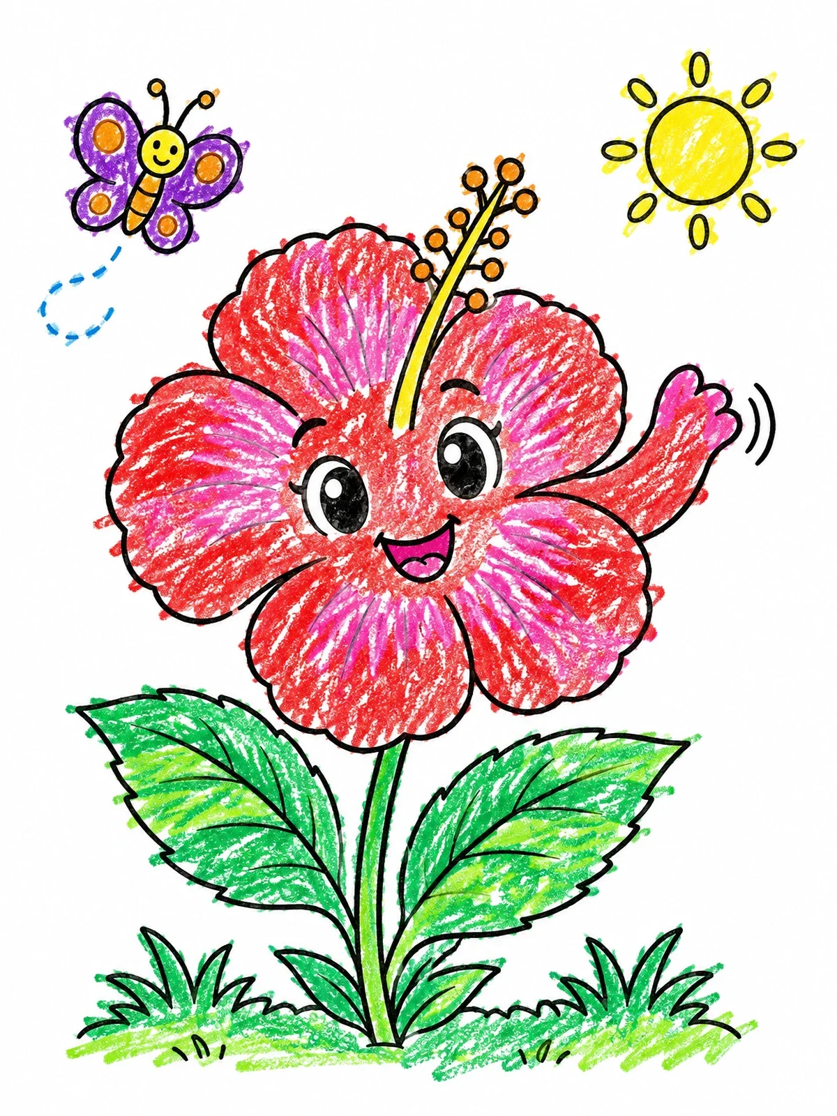Colored example of the Happy Waving Hibiscus Flower coloring page