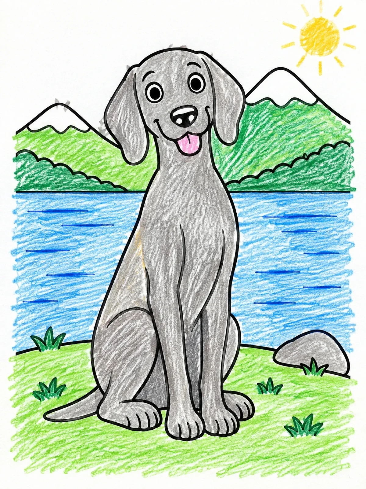 Colored example of the Happy Weimaraner By The Mountain Lake coloring page