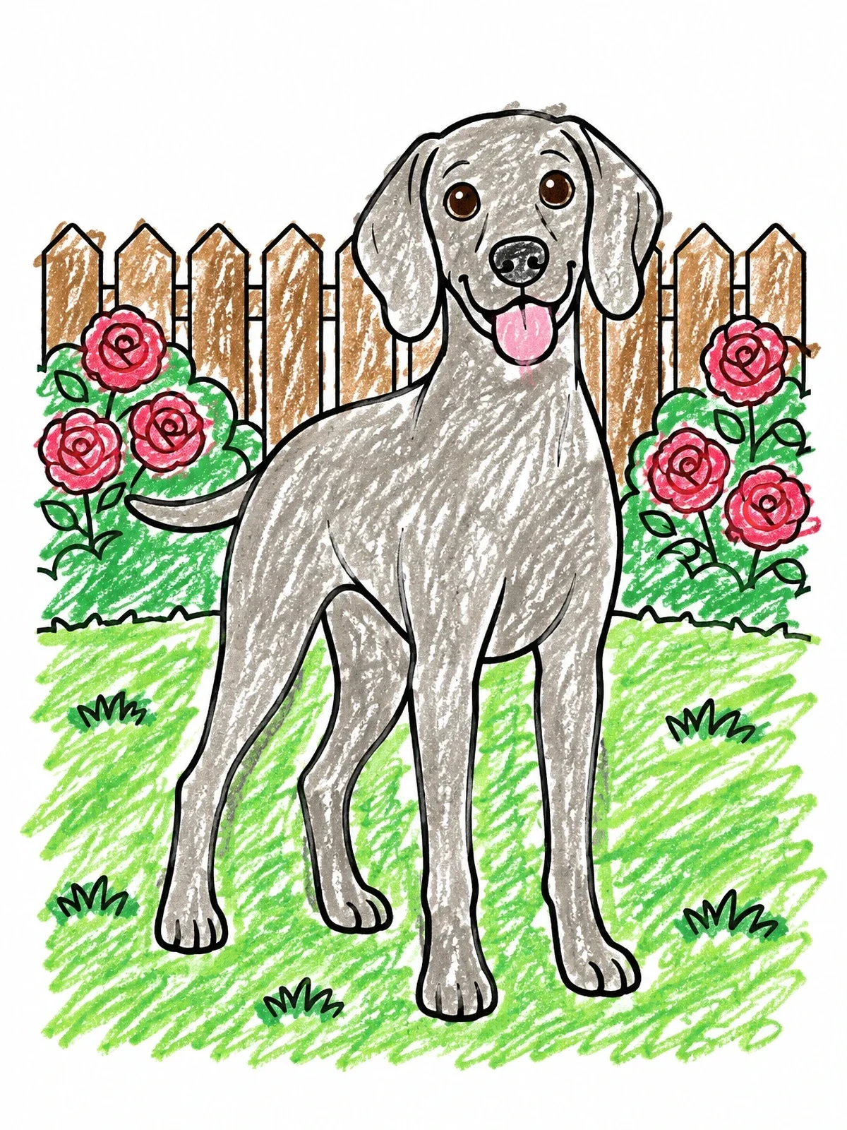 Colored example of the Happy Weimaraner In The Garden coloring page