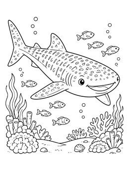 Free printable Happy Whale Shark Over Coral Reef coloring page