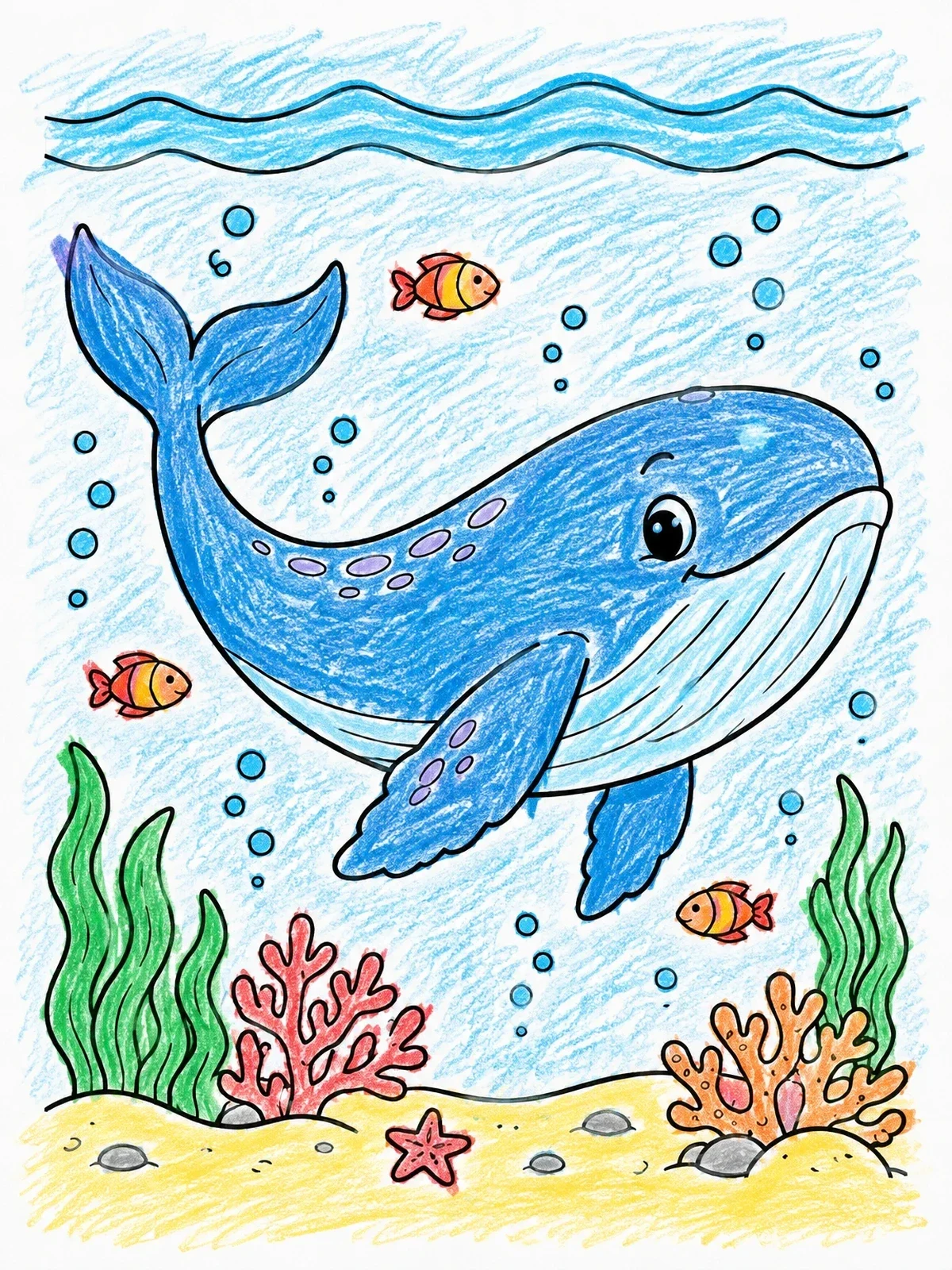 Colored example of the Happy Whale Under The Sea coloring page