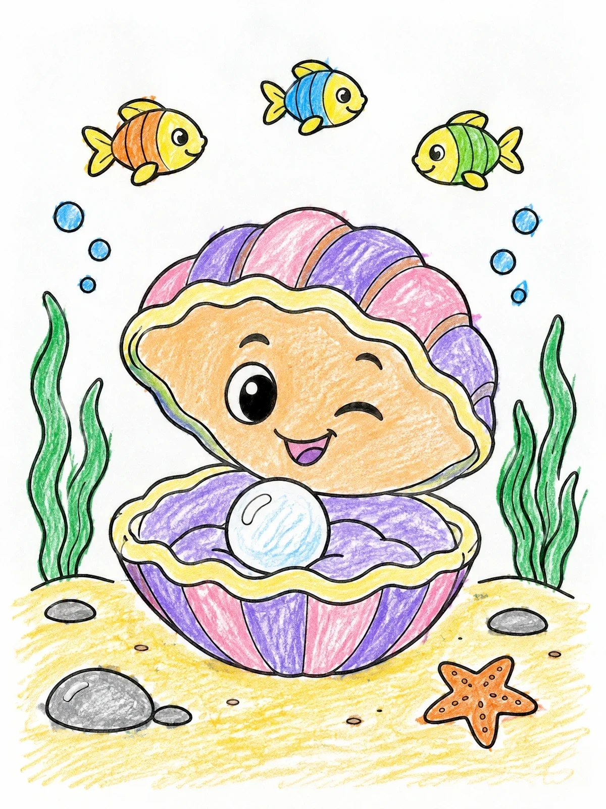 Colored example of the Happy Winking Clam With Pearl coloring page