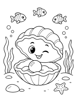 A happy winking clam coloring page with a pearl, swimming fish, and sea plants.