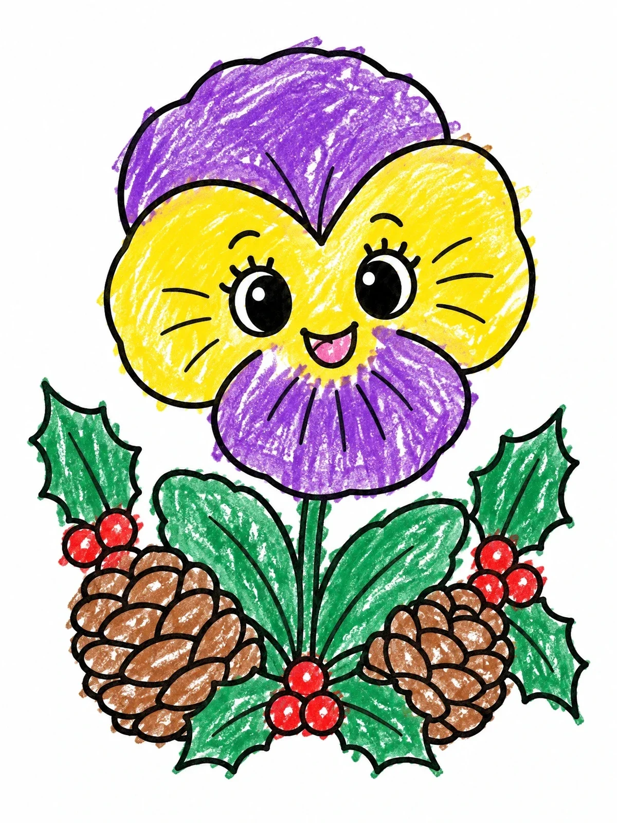Colored example of the Happy Winter Pansy With Pinecones coloring page