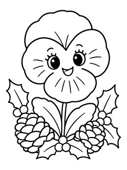 Free printable Happy Winter Pansy With Pinecones coloring page