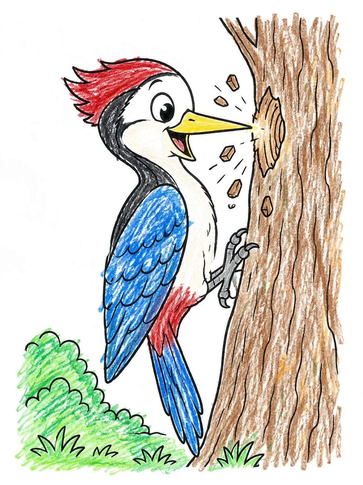 Colored example of the Happy Woodpecker Pecking A Tree coloring page
