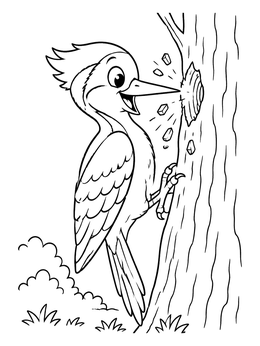 Free printable Happy Woodpecker Pecking A Tree coloring page